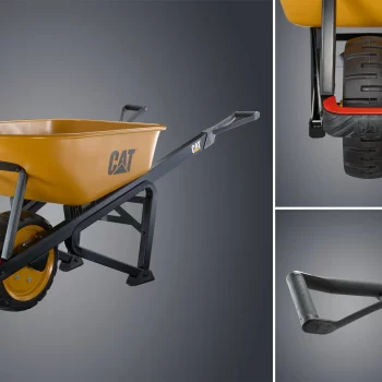 Photos of wheelbarrow showing CAT tools logo