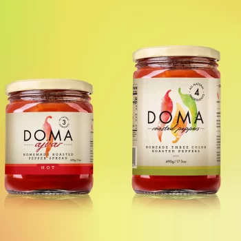 Photo of DOMA Pepper Homeade three color roasted peppers jar and DOMA Homeade roasted pepper spread jar