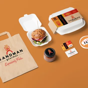 Various examples of Sandman Gourmet packaging and printed material