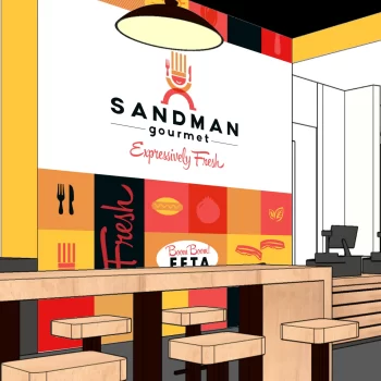 Conceptual art showing the interior of the Sandman Gourmet restaurant