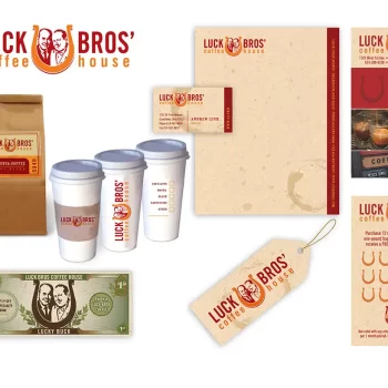 Collage of Luck Bros' Coffee House printed materials