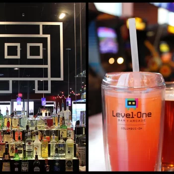 Photo showing Level-One Bar + Arcade drinking cup and mirror signage
